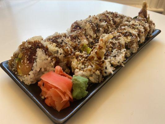 Sasaya Roll and half Soft Shell Crab Roll, w/panko flakes and eel sauce drizzle!