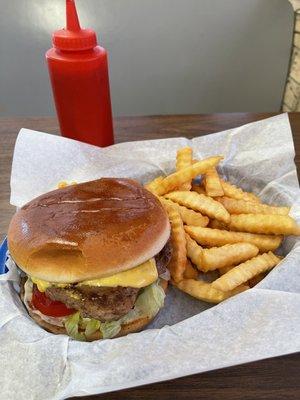 Super size burger with fries