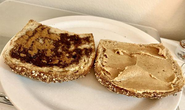 Breakfast at 4:30 AM two ends of Nine Grain Slice Bread Alone. One butter and cinnamon and one Teddie Peanut Butter. 10/16/23