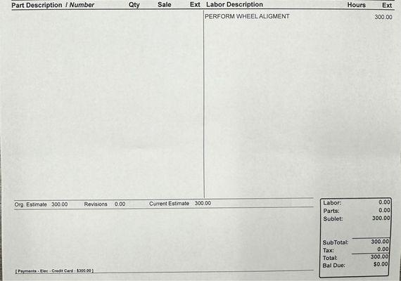 Invoice for the outsourced alignment work.