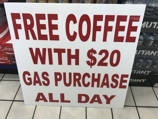 Free cup of coffee with a purchase of over $20 in gas