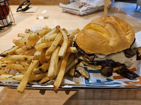 Smash fries and truffle mushroom burger. Fries were cirspy and patties were juicy.