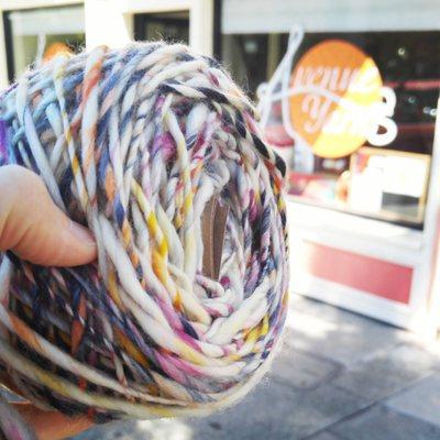 A close-up of the yummy hand-dyed, hand-spun yarn I bought.