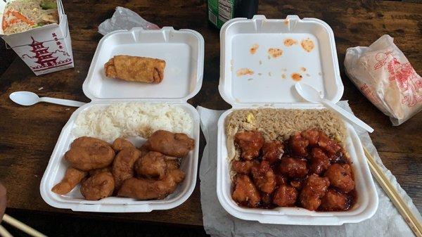 Honey Chicken with white rice. General Tso's  Chicken with Fried Rice