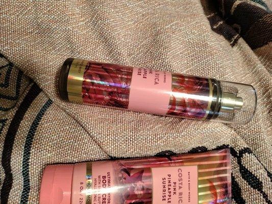 Pink Pineapple Sunrise Cream and perfume spray.