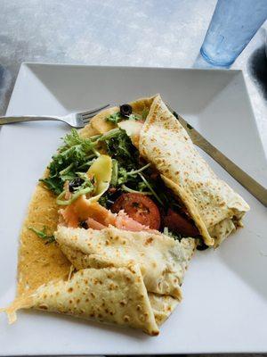 Crepe de Salmon cut into... it's always packed & I'm more than stuffed if I eat the whole thing!