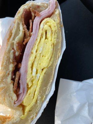 Bacon egg cheese (add ham) croissant. Nummy!