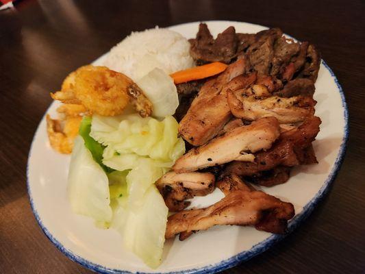 Teriyaki Combo plate: fried shrimp, teri chicken, teri beef with a scoop of rice and veggies. (Teriyaki sauce separated)