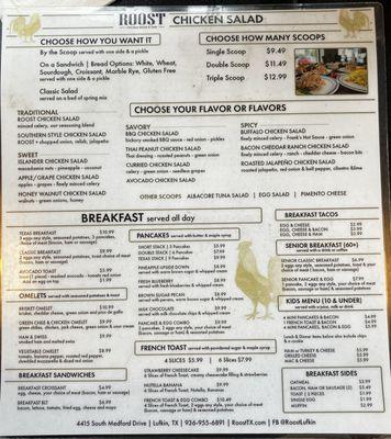 Chicken salad sandwich and breakfast menu (oh yeah, breakfast is served all day!)