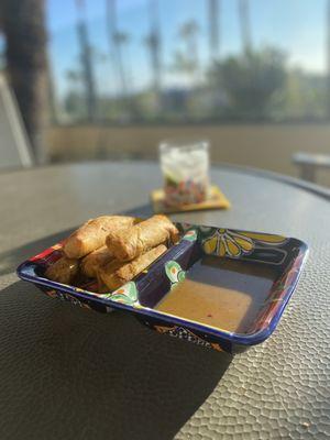 Chicken egg rolls and a beverage... plus TJ peanut sauce. Perfect.