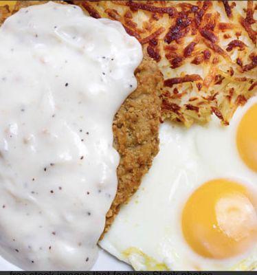 - Gravy instant -Country fried steak process by machine not and Breaded  -Hashbrowns burned outside raw middle  -Eggs cook with heat lamp