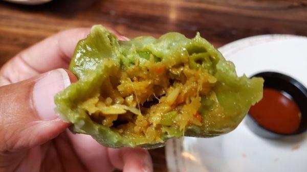 Interior of vegetable momo ($10), vegan w/o green chutney. Not bad.