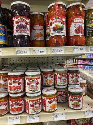 Jars of different Peruvian Ajis and sauces