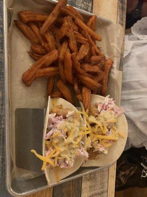 Shrimp tacos w/ sweet potato fries