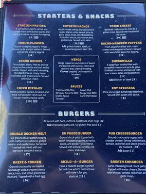 Starters and snacks and burgers menu