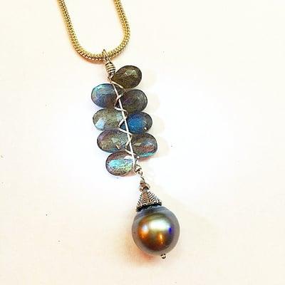 Genuine Tahitian black pearl and labradorite necklace, designed and made by Anne Bocci.