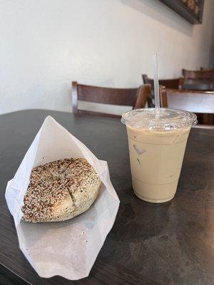 5/27/2022 everything bagel w/ signature sweet butter cream cheese + signature iced 4-2-1 coffee