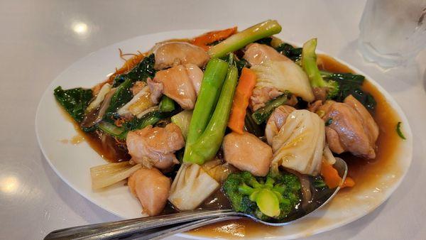 Chicken pan fried noodles.  Gravy style.