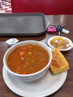 Delicious beef stew with  cornbread.  Cobbler was so so.