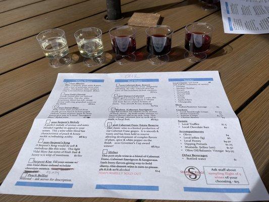 A sample flight and menu.