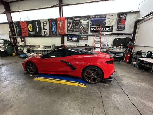 Paint protection film (ppf), ceramic coatings, and window tint on this custom C8 Corvette!