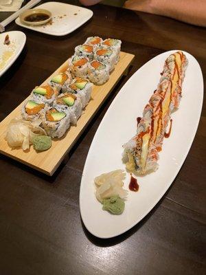 Shaggy dog roll (right), spicy tuna and salmon roll (left)