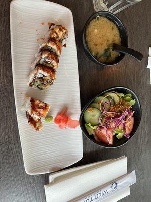 Unagi Roll(fresh water eel), miso soup & House Salad