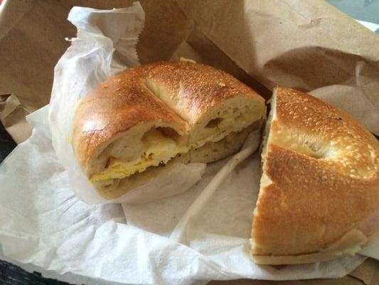 Egg and Irish cheddar on a plain bagel in all its glory. Yum!