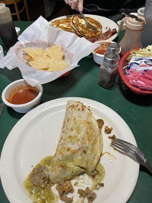 Large breakfast burrito and blueberry pancakes