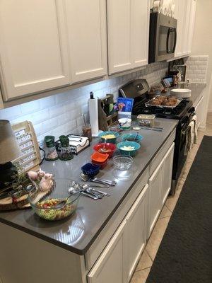 Set up for making stuffed baked potatoes (HEB) with Smokey Mo's Chopped Beef.