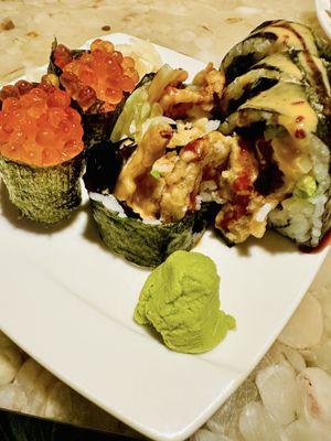 Salmon roe nigiri and spider roll (thankfully this was a small roll)