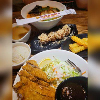 Katsu Ramen, Katsu plate with soup and rice, Shrimp Tempura, and Takoyaki