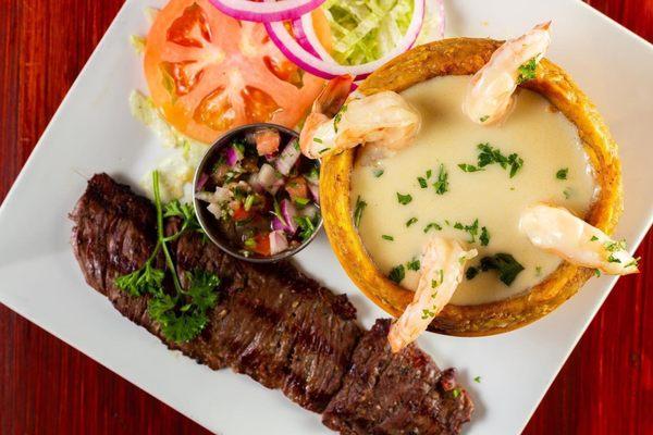 Best of both world Surf and turf ChimiKing style skirt steak and our garlic shrimp all in one dish