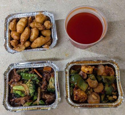 Top: Sweet and sour chicken; Left: Sha Cha beef (much preferred over the chicken version); Right: Kung Pao shrimp