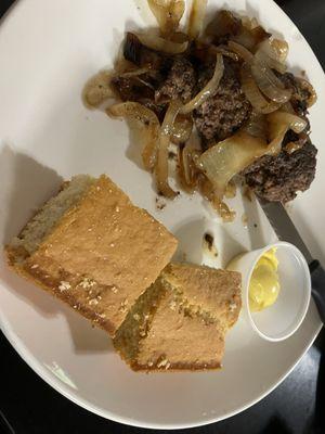 Hamburger Steak w/ grilled onions, house made cornbread