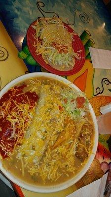 Tostada, taco l, bean and cheese burrito, tamale, Chile relleno, and enchilada.