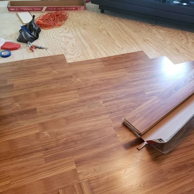 Laminate flooring installation.