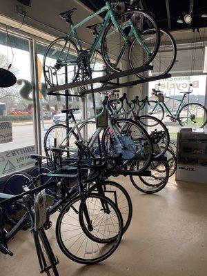 Many bianchi bikes sold in the store