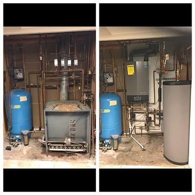 Helped this customer save on her monthly utility bill. Replaced old boiler with new high efficiency wall mounted boiler.