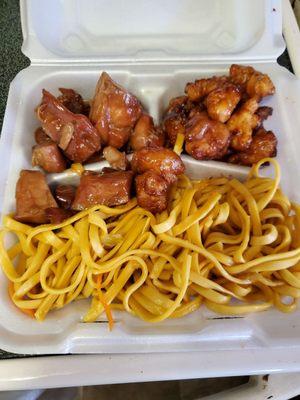 Bourbon chicken on the left, orange chicken on right, and lo mein in front.