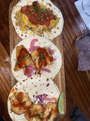 Shrimp taco, fish taco, and chicken taco