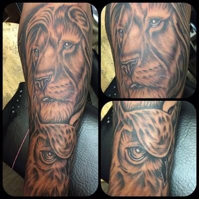 Custom lion and owl  sleeve tattoo work by Islandcity Tattoo Artist  Ray