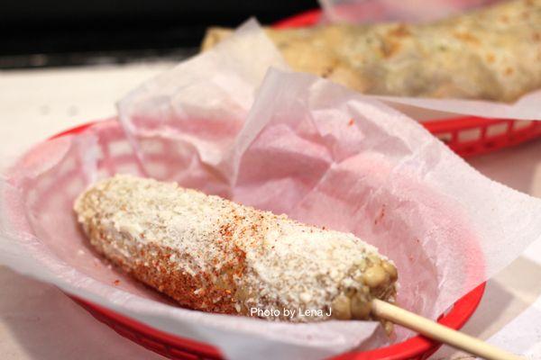 Corn on the Cob ($3.50) - grilled corn with mayo, cotija cheese + chili powder