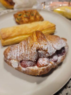 Strawberry and cream croissant, yuzi pie, spinach and feta pastry