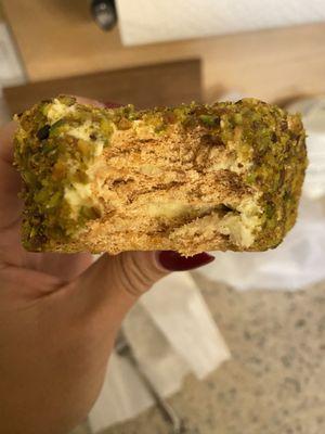 Pistachio sansrival (meringue cookie with buttercream rolled in pistachio). Crunchy!