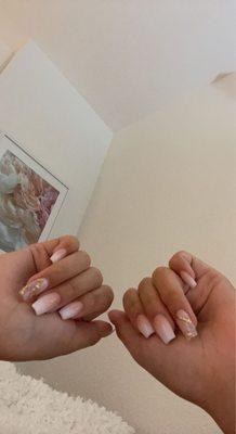 Acrylic pink white ombré.  accent marble nail with gold flakes