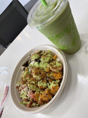 Shrimp bowl with spicy garlic cilantro sauce