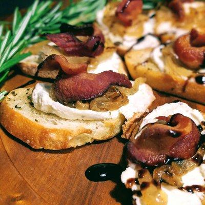 Caramelized Onions, Goat Cheese and Bacon on Crostini