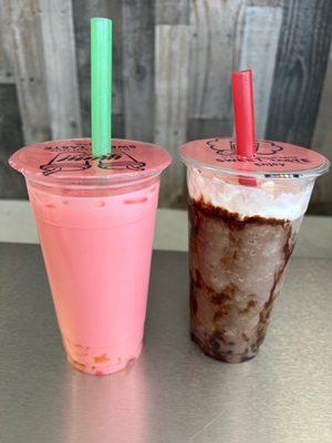 Strawberry milk tea & cookies & cream frappe