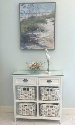 Guest Bath Wicker Basket Cabinet with Glass Top from Quality Glass & Mirror (Oldsmar, FL)